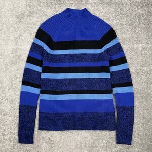 y2k Vintage Striped Rib Knit Mockneck Sweater Blue Multicolor Top Retro Size PM